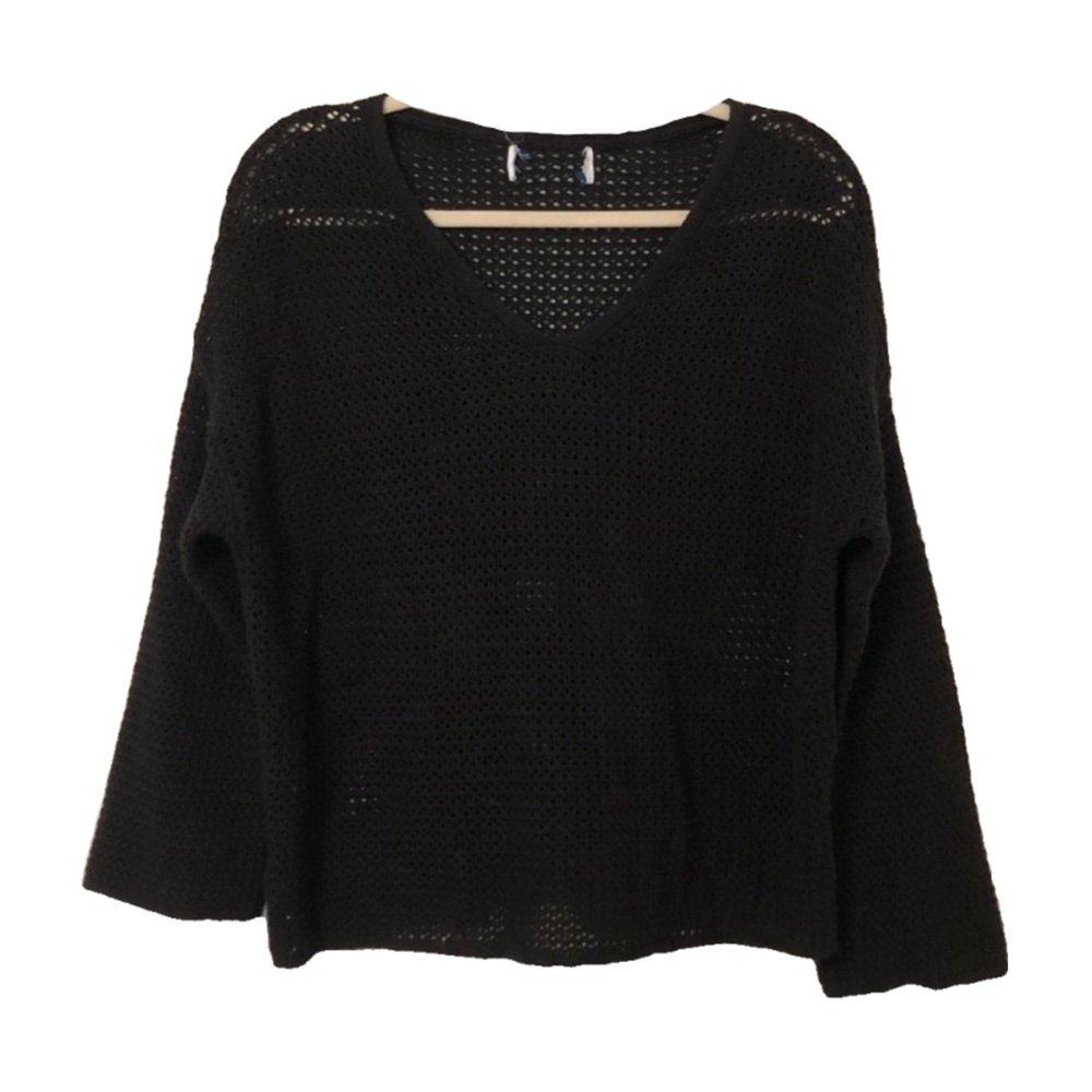 Black Mesh Knit V-Neck Sweater
